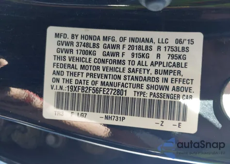 2015 Honda Civic Lx z USA, uszkodzony, nr VIN 19XFB2F56FE272801